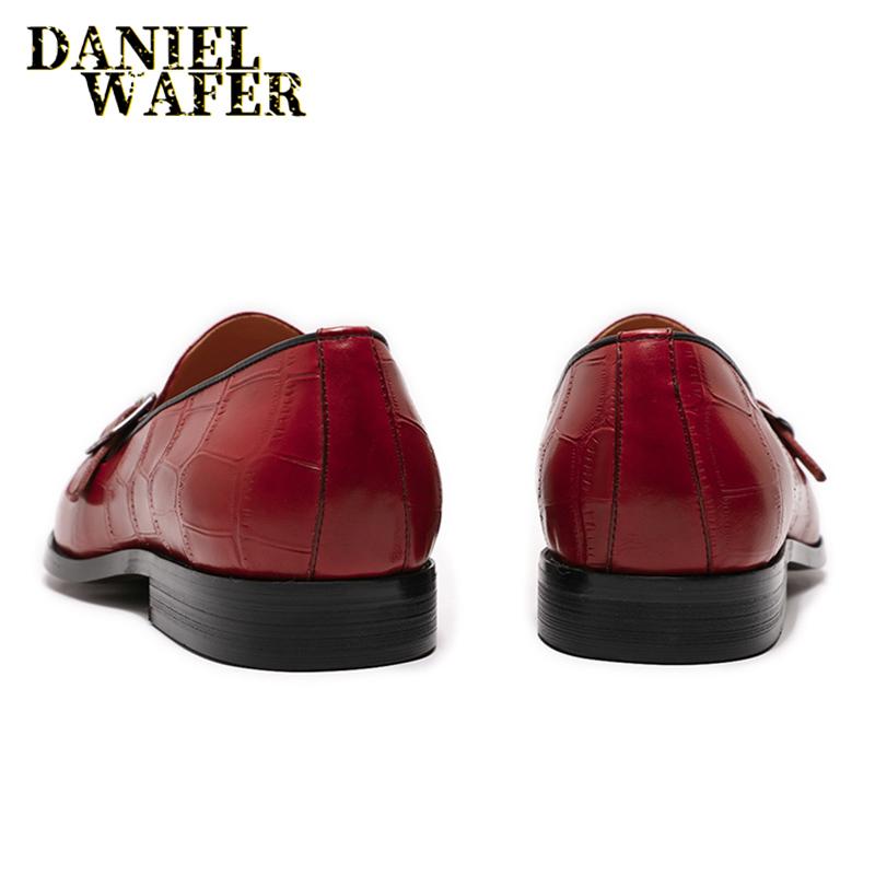 Роскошные мужские лоферы Повседневные мужские туфли Ручной работы Принт под камень Ремешок с пряжкой Слипоны Черные Красные Туфли из натуральной кожи