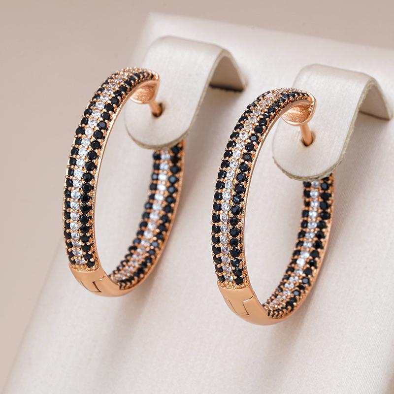 Kienl Unique Rose Gold Color Big Hoop Earring For Women Full Shiny Black And White Natural Zircon Accessories Daily Jewelry