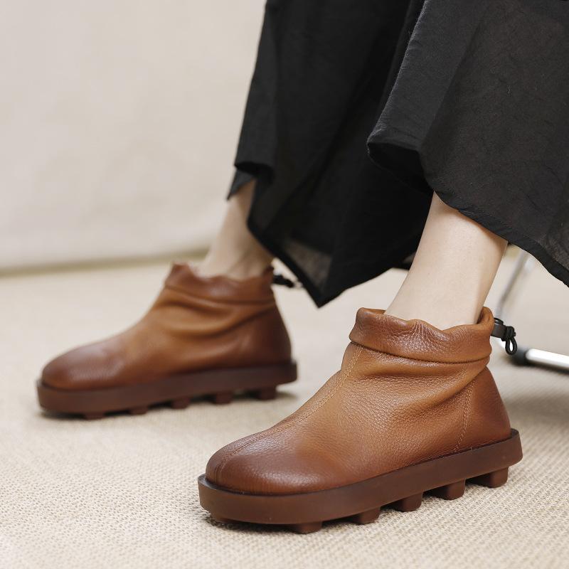 Fashion GKTINOO Genuine Leather Women Short Boots 2024 New Winter Round Toe Lace Lock Buckle Solid Color Handmade Retro Ankle Boots