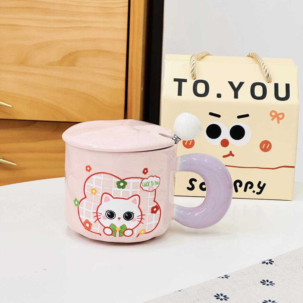 Small Fresh Cat Ceramic Cup for Home Use High Value Cartoon Mug with Cover Spoon Wedding Souvenir Gift Cup