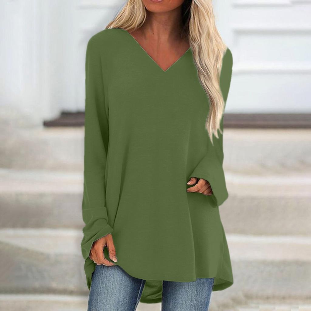 Women's Fashion Casual T-shirt Solid Color Long Sleeve V-neck Medium Long Top