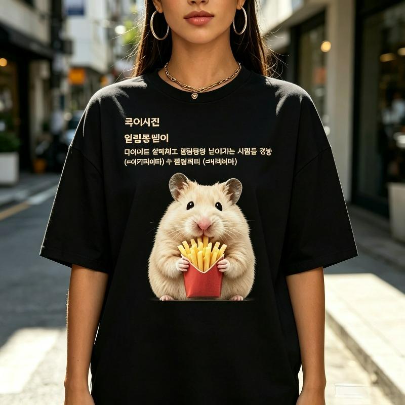 Korean Funny Hamster Fries Tshirt Unisex Cute Animal Print Casual Streetwear Top