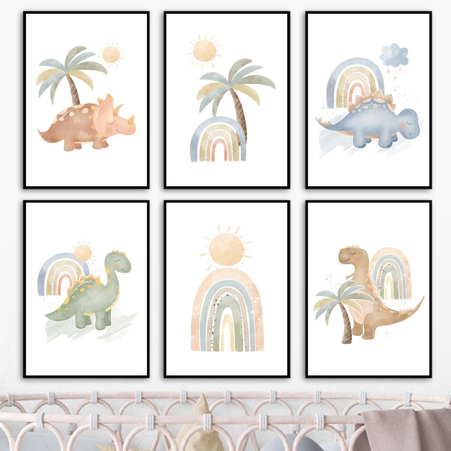 Cartoon Boho Dinosaur Rainbow Sun Cloud Nursery Wall Art Canvas Painting Nordic Posters And Prints Pictures Baby Kids Room Decor