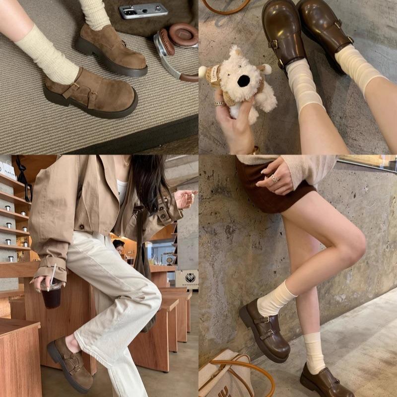 Double Buckle with Round Head and One Pedal, Ugly and Versatile Autumn Retro Big Head Leather Shoes for Women