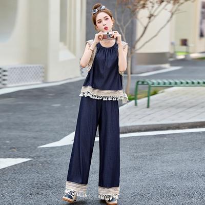Полный комплект летней одежды для уменьшения возраста, свободный топ без рукавов с кружевной отделкой, комплект из двух предметов с широкими брюками