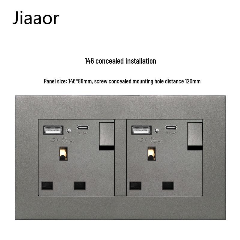 Серый британский стандарт двойная розетка с выключателем с USB и Type C - совместимая с Гонконгом/Макао, скрытого типа 86