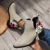 Модные ретро-ботфорты на среднем каблуке с острым носком, повседневные ботильоны, осенние цветочные узоры, лоскутные ботинки, женские ботинки, женская обувь