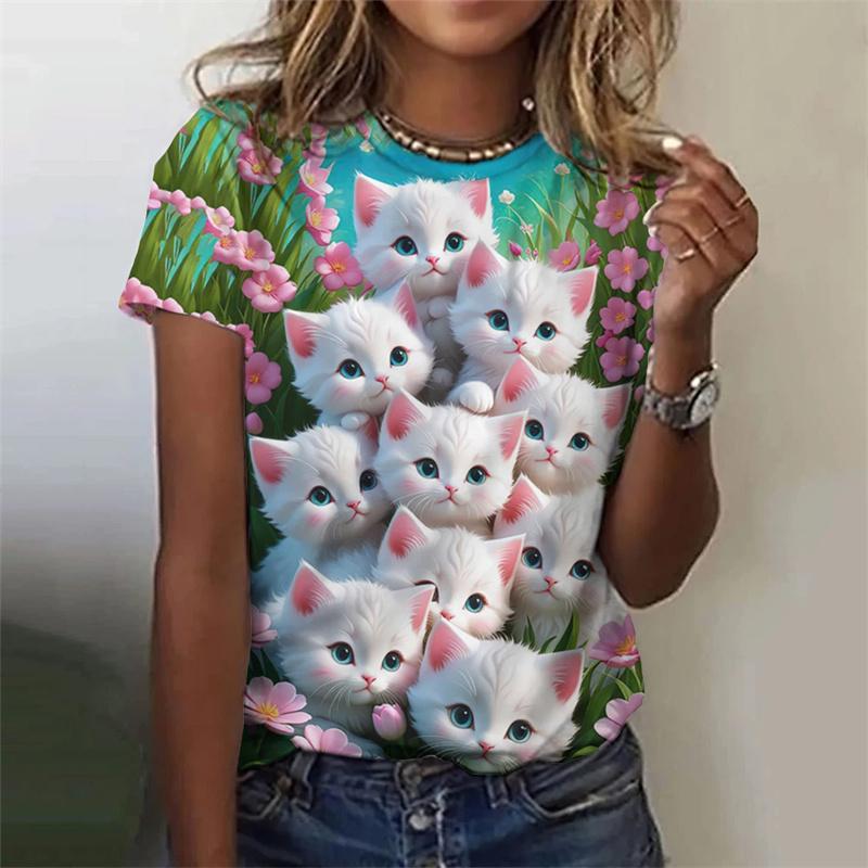 Летний топ с круглым вырезом и принтом 3D Cat, модные повседневные женские футболки с короткими рукавами