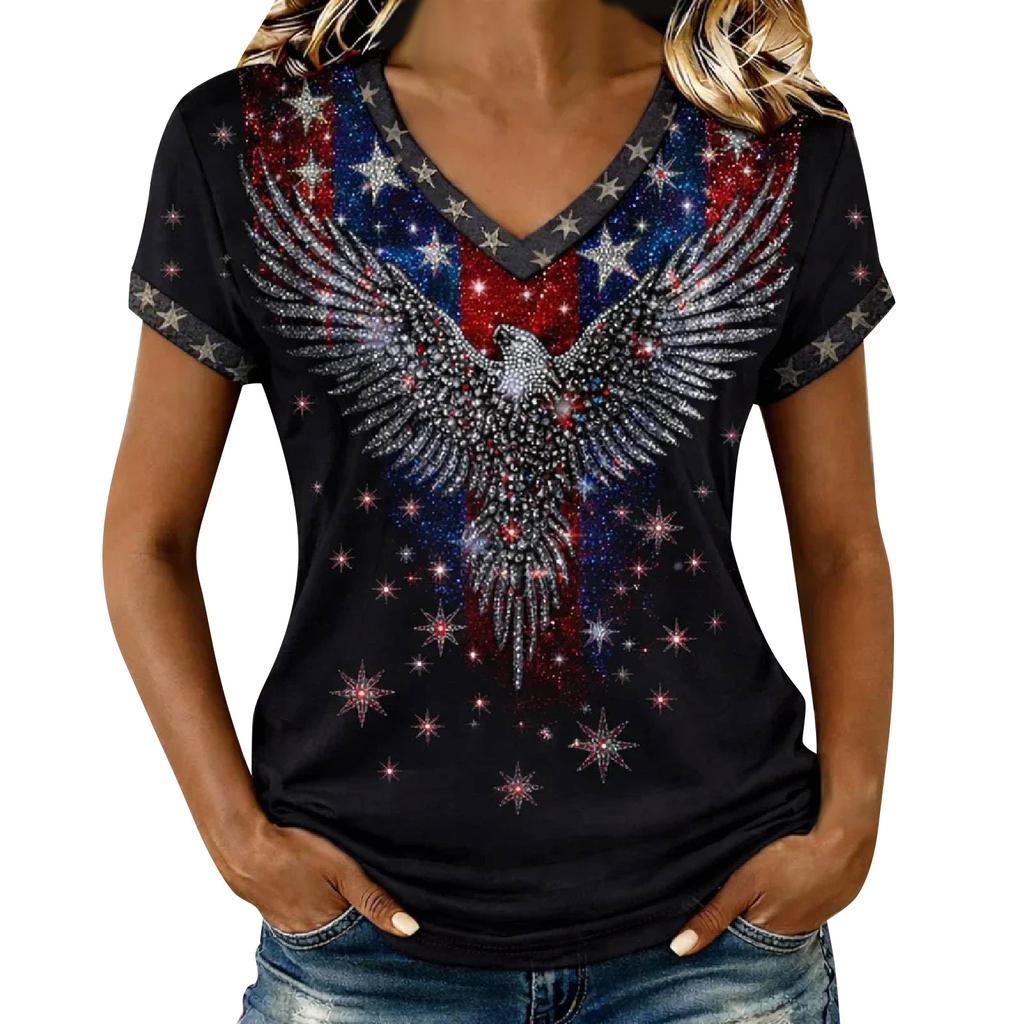 Women Casual V Neck Short Sleeve Pullover T Shirt Independence Day Graphic Top Lightweight Comfortable Fit