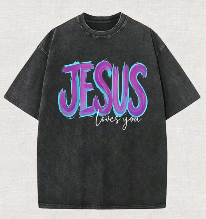 Футболка с графическим принтом 'Jesus Loves You' и градиентной кистью, винтажная, с круглым вырезом, свободная, повседневная, с коротким рукавом, уличный стиль