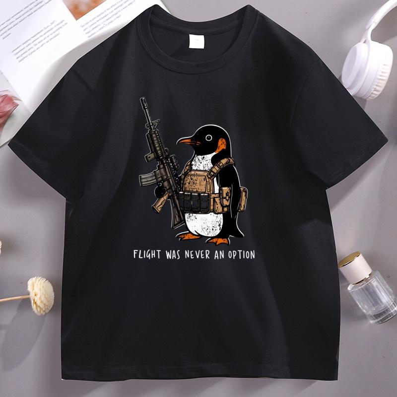 Tactical Penguin Printed T Shirt Cotton Funny Flight Was Never An Option Tee Funny Military Ani