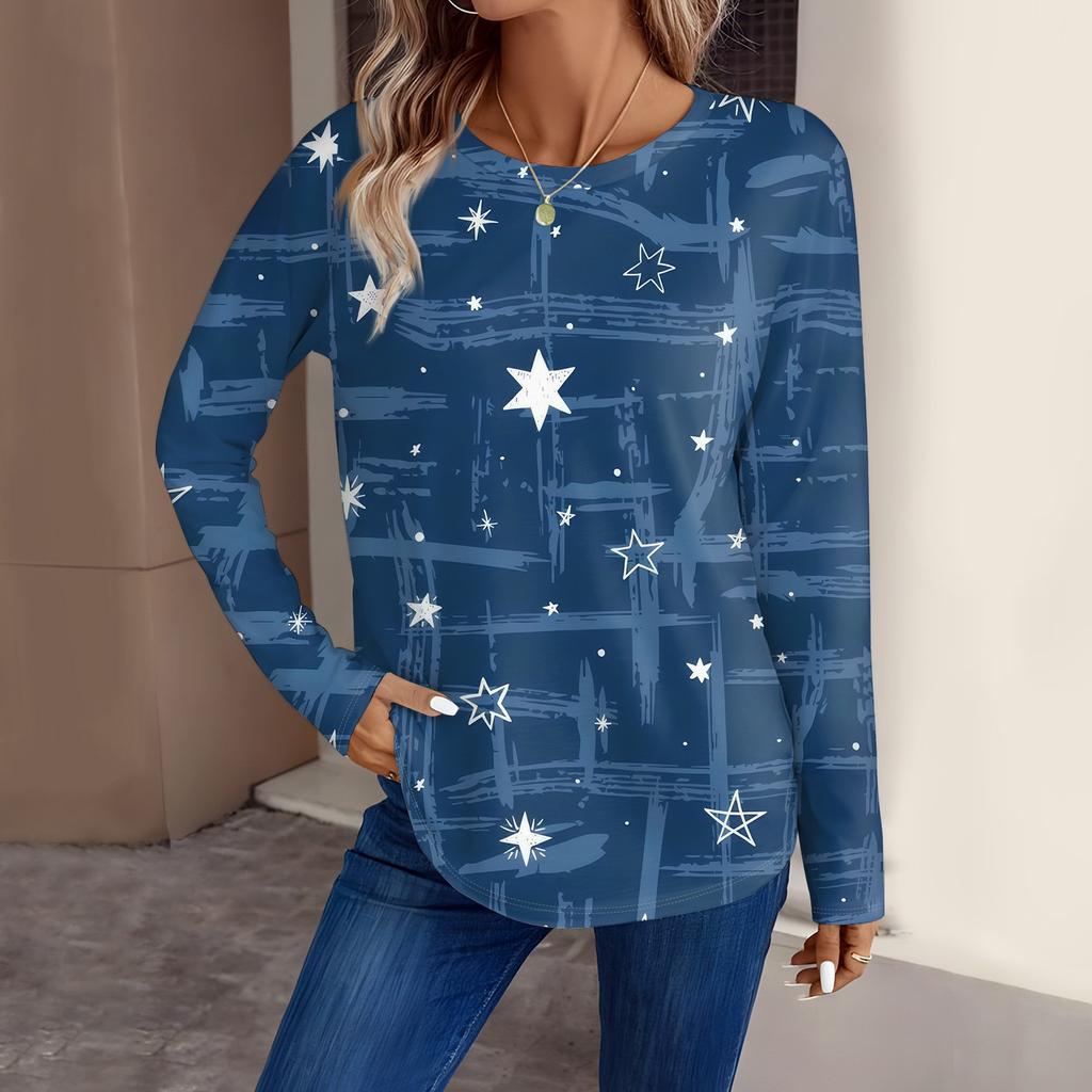 Женская мода повседневный топ с длинным рукавом с цветочным принтом и круглым вырезом