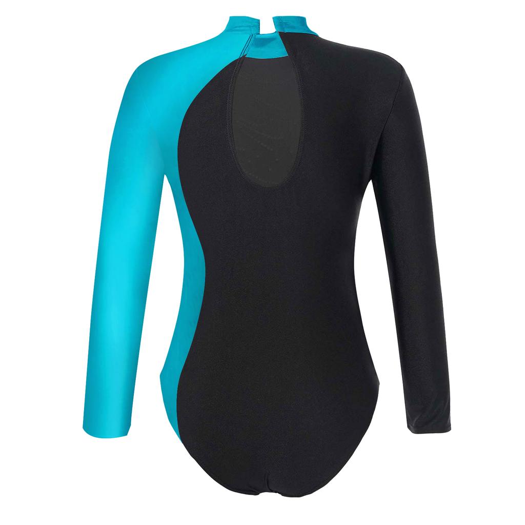 Girls Mock Neck Long Sleeve Ballet Leotard Shiny Faux Diamonds Adorned Keyhole Back Ice Skating Jumpsuit