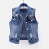Denim Women Vest Luxury Pearls Fashion Ripped Autumn Jeans Jacket Sleeveless Loose Short Coat Waistcoats