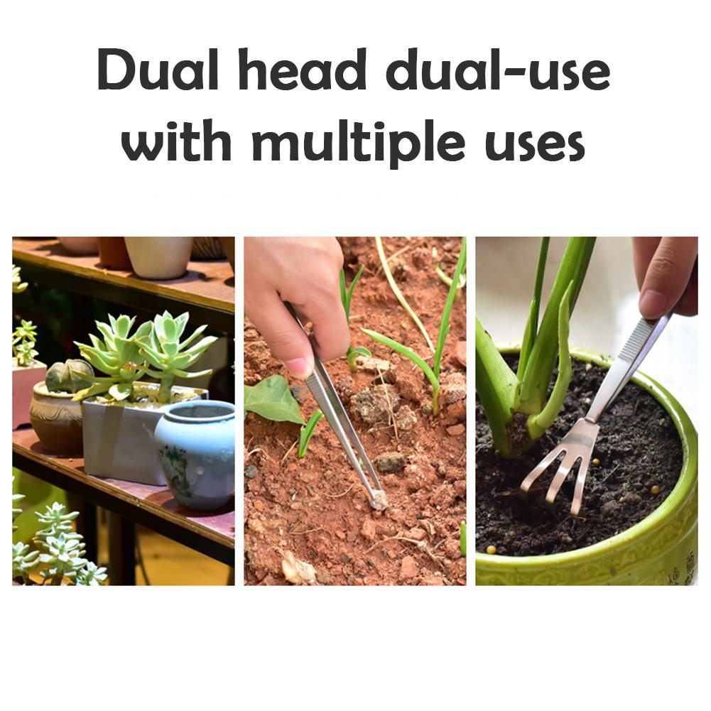 Грабли для корней из нержавеющей стали 304 2 в 1 с эргономичной ручкой, инструмент для обработки почвы, пинцет для суккулентов, бонсай