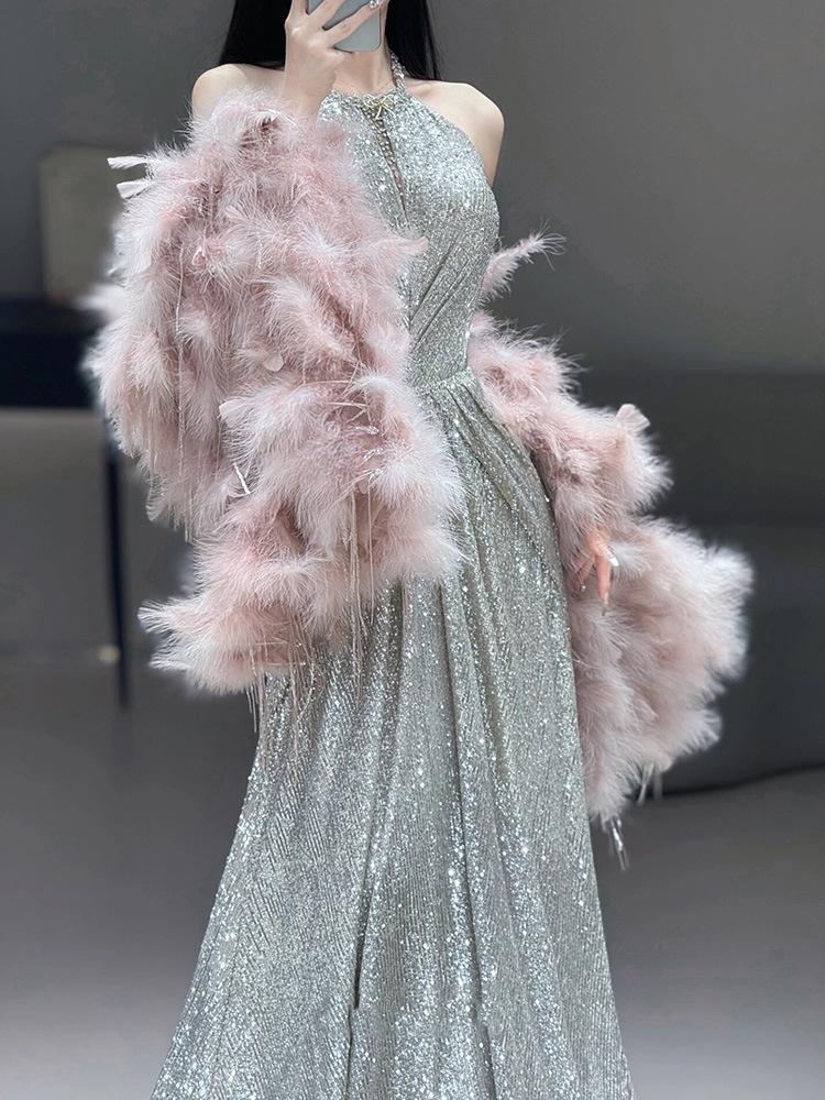 French neck toast dress bride 1011 new light luxury temperament pink feather shawl banquet sequined evening dress
