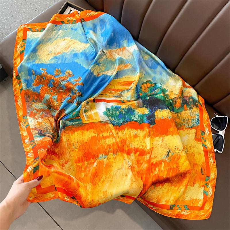 Print Satin Silk Square Scarf Hijab Women Bandana 90CM Headscarves Neckerchief Ladies Muffler Shawl Wrap Foulard Headband