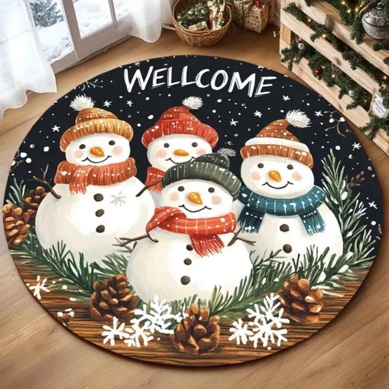 Santa Claus Sled Round Door Mat Carpet Christmas Tree Rug Snowman Round Carpet Bedroom Mat Festival Home Decoration Floor Mat