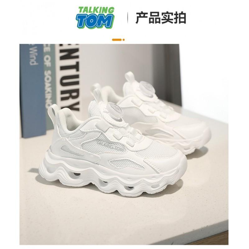 Kids White Athletic Sneakers With Rotary Buckle Closure Lightweight Breathable Running Shoes Boys Girls