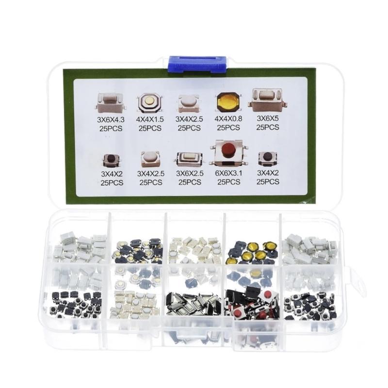 Pack Of 250PCS Tactile Push Button Switches 10 Types Metal & Plastic Switches High Sensitivity Switches for Electronics