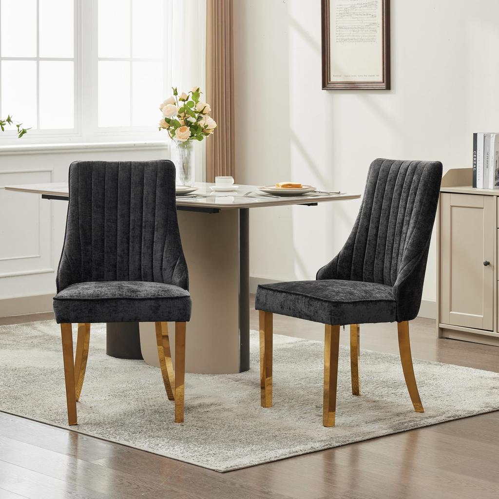 Rayon Cloth Flocking Chenille Dining Chairs, Comfy Upholstered Accent Chair with Golden Stainless Steel Plating Legs, Set of 2 (Black), DE1647BK
