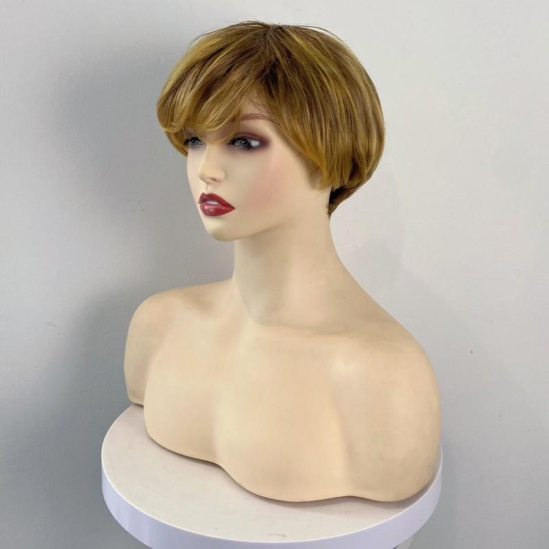 TikTok Wig Women Short Golden Straight Hair Oblique Bangs Synthetic
