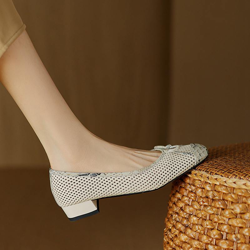 Krazing Pot Natural Leather Spring Summer Size 41 Thick Low Heels Women Square Toe Hollow Decoration Breathable Slip On Pumps