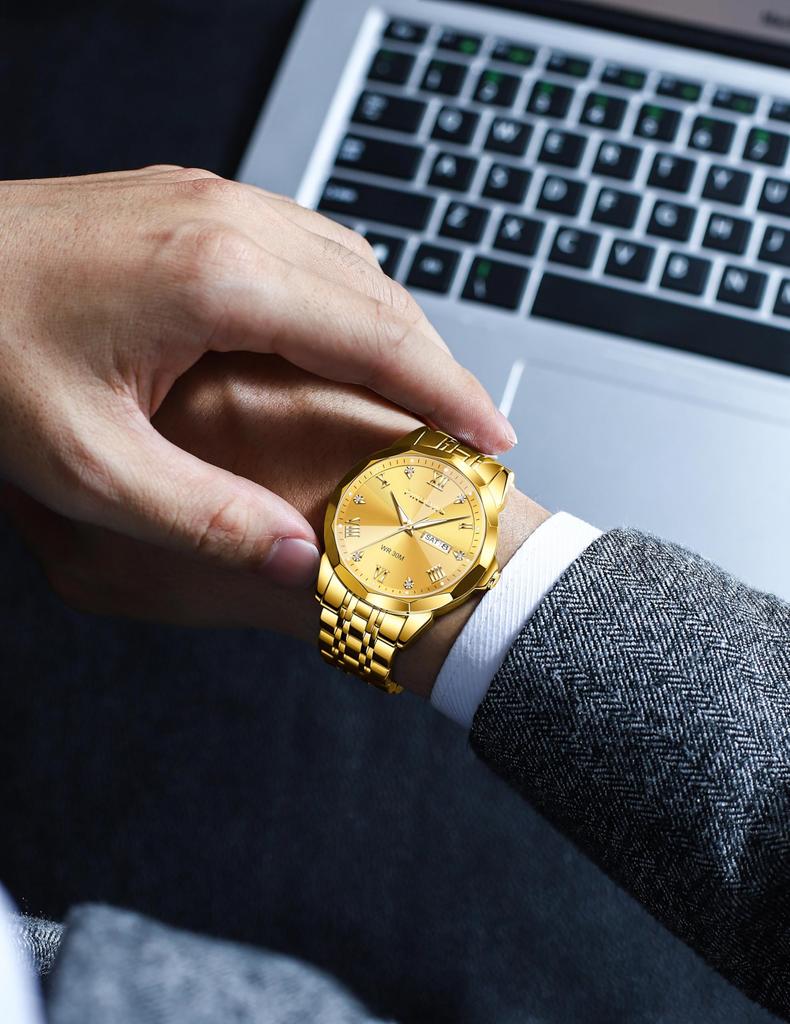 Часы PINDOWS с бриллиантами, деловые, аналоговые, кварцевые, роскошные, водонепроницаемые, с подсветкой, двухцветный браслет из нержавеющей стали, классические, модные, мужские