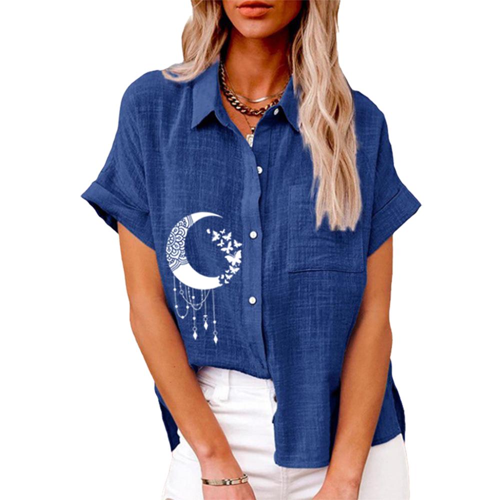 Женская модная футболка с принтом, летняя и осенняя футболка с коротким рукавом на пуговицах, женская повседневная футболка с воротником с лацканами, свободные блузки