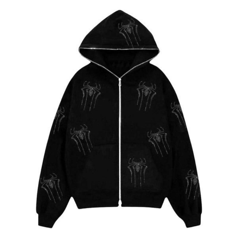 Gothic Spider Rhinestone Embellished Hooded Zip-Up Sweatshirt Loose Fit Streetwear Women