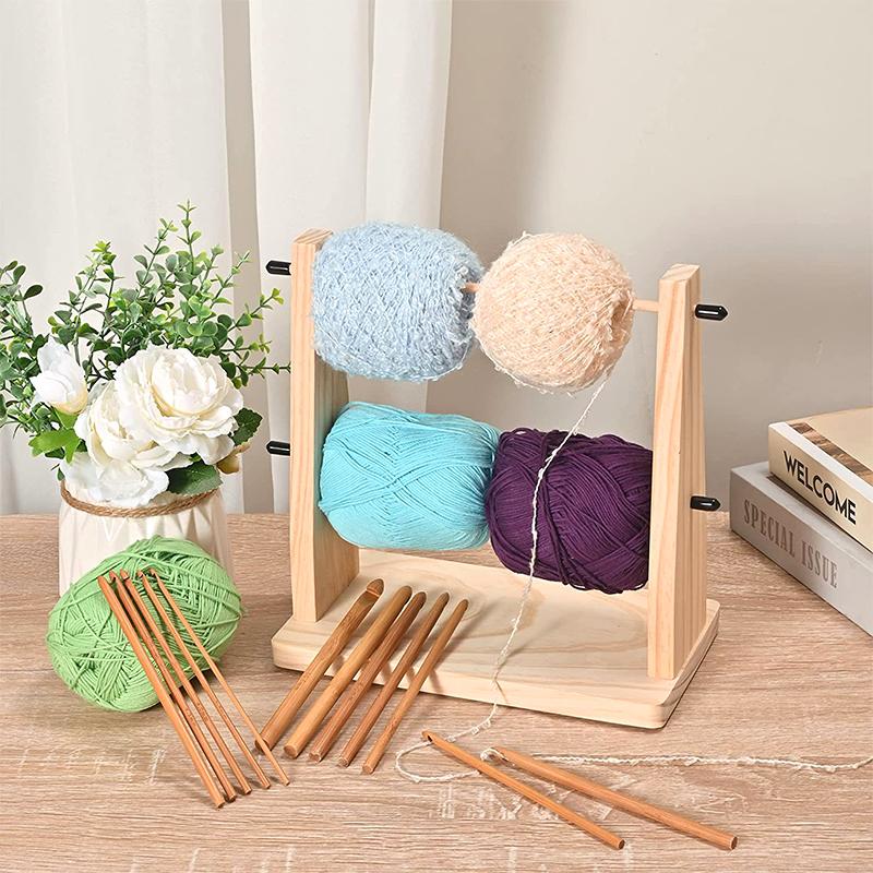 1PC Wooden DIY Craft Yarn Ball Stand Yarn Dispenser Solid Wood Dual Rotating Design for Crocheting Knitting Rotatable Yarn Holder