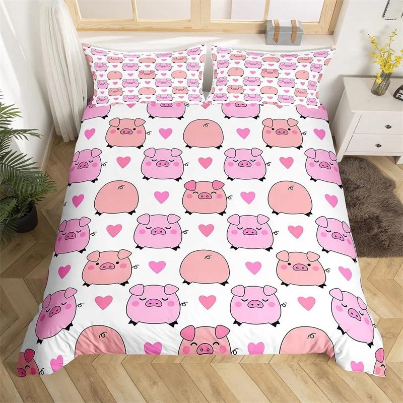 Premium Pink Pig Comforter Cover Cartoon Pig Pattern Bedding Kawaii Animal Sweetheart Floral Print Duvet Cover Children Boys Room Decor