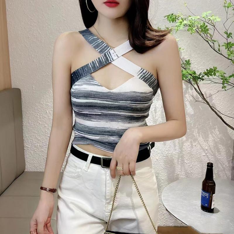 Летний новый дизайн чувственный Spice Girls Cross Halter радужная жилетка с высокой талией блузка