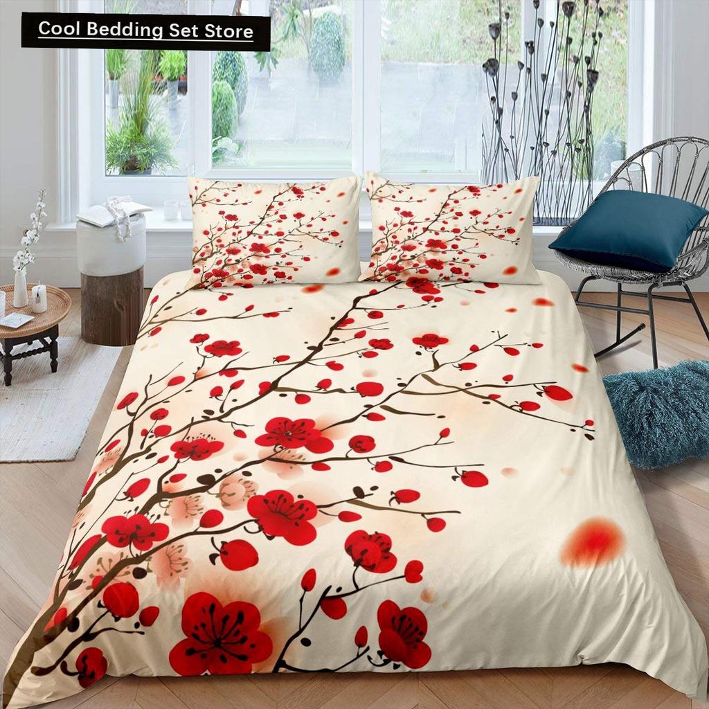 Комплект постельного белья «Цветущая розовая вишня» размера «king-size» и «queen-size» с весенней флорой. Пододеяльник с японскими цветами. Мягкий полиэстеровый чехол.