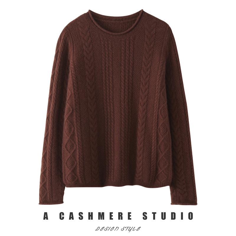 Women's Retro Cable Knit Cashmere Sweater, Round Neck with Rolled Hem, Thick Loose Fit, Cozy Inner/Base Layer.