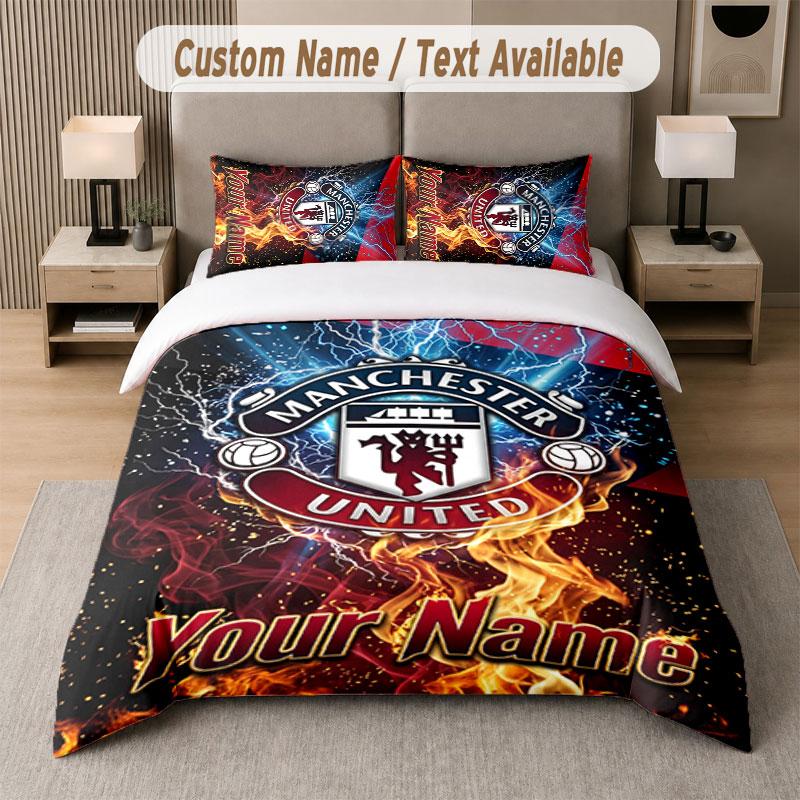 Custom Bedding Set Manchester United Pattern, Print Name Text 1 Duvet Cover plus 2 Pillowcases Home Textile