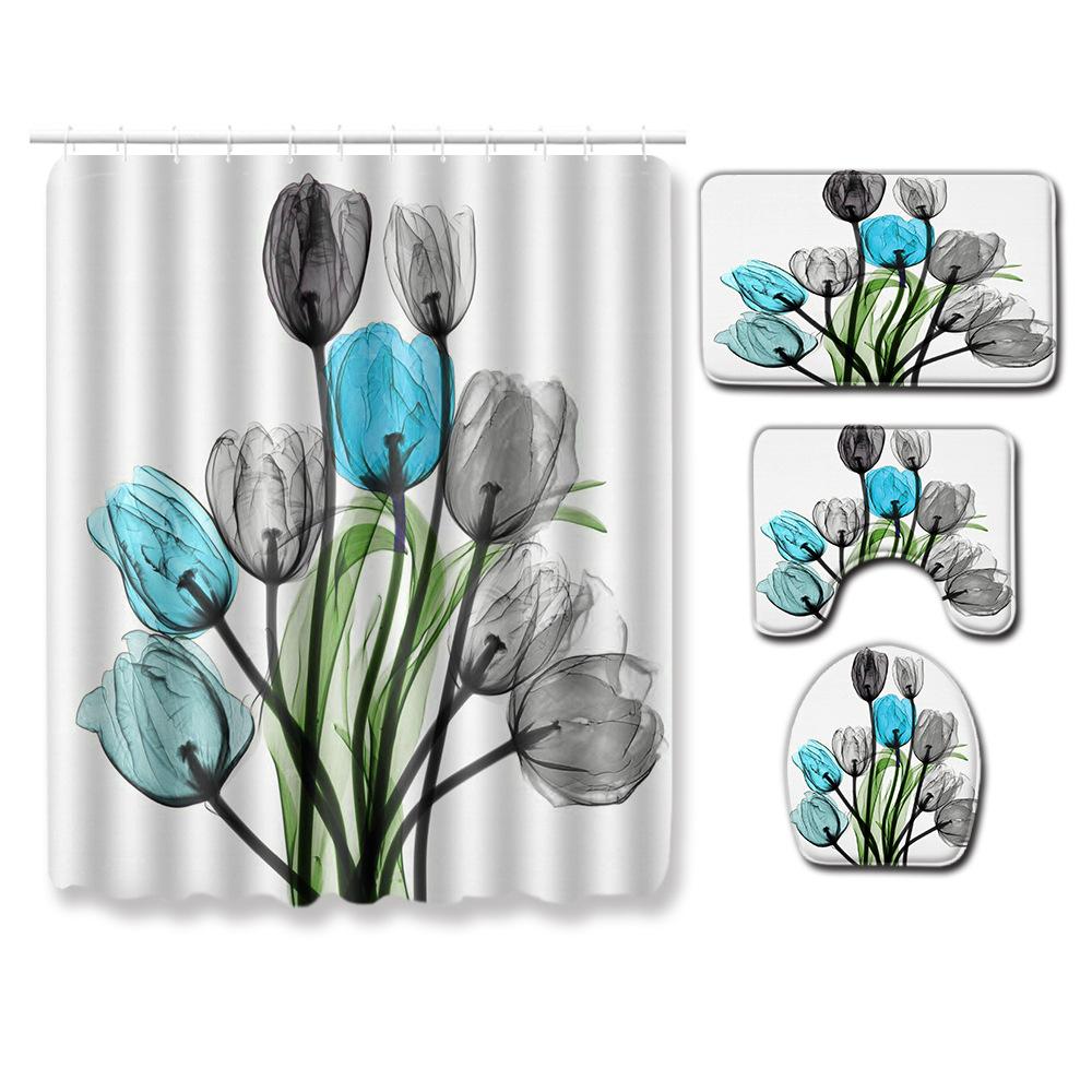 Painted Flowers Bathroom Shower Curtain Floor Mat Toilet Cover Foot Mat Four-Piece Pattern Size Fixed Zhi