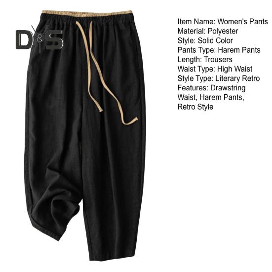 Women Harem Pants Drawstring Waist Wide-leg Casual Trousers Solid Color Ankle-Length Pants for Workouts Everyday Wear