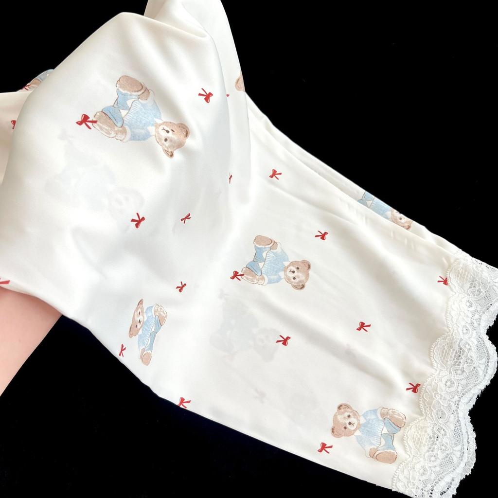 [Good night bear length] Autumn pajamas women's acetic acid fabric long-sleeved trousers bear cute wind loungewear women