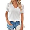 Ladies Casual Fashion Sexy Hollow Lace V-Neck Short Sleeve Top