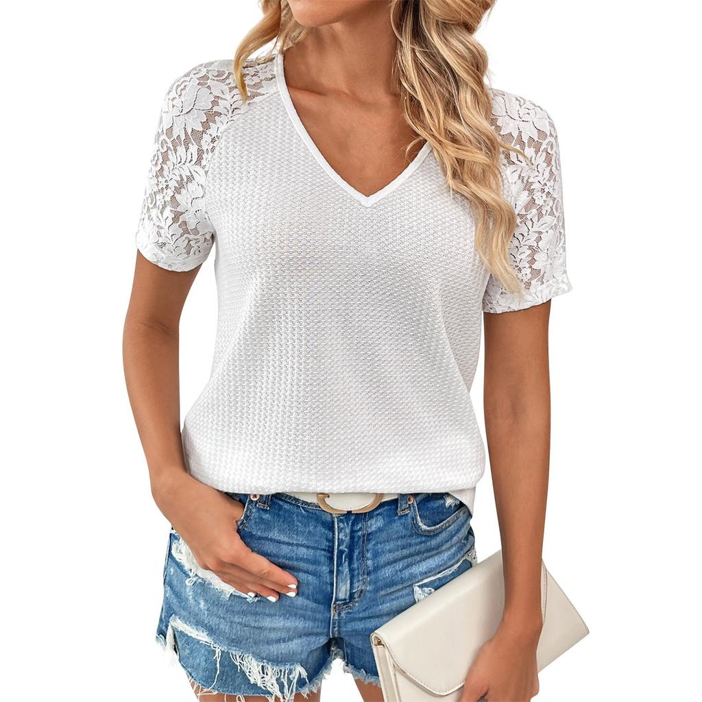 Ladies Casual Fashion Sexy Hollow Lace V-Neck Short Sleeve Top