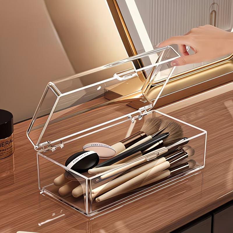 Portable Vanity Cosmetic Storage Box with Lid, Transparent Durable Organizer for Lipstick Eyeshadow Makeup Brushes