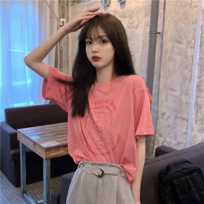 Harajuku printed black short-sleeved t-shirt women's new loose Korean version round neck student Hong Kong style top