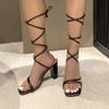 Fashion Women's Sandals Summer 2024 Summer Elegant Strap Solid Color Square Toe High Heels Open Toe Fashion Sexy Banquet Women's Shoes