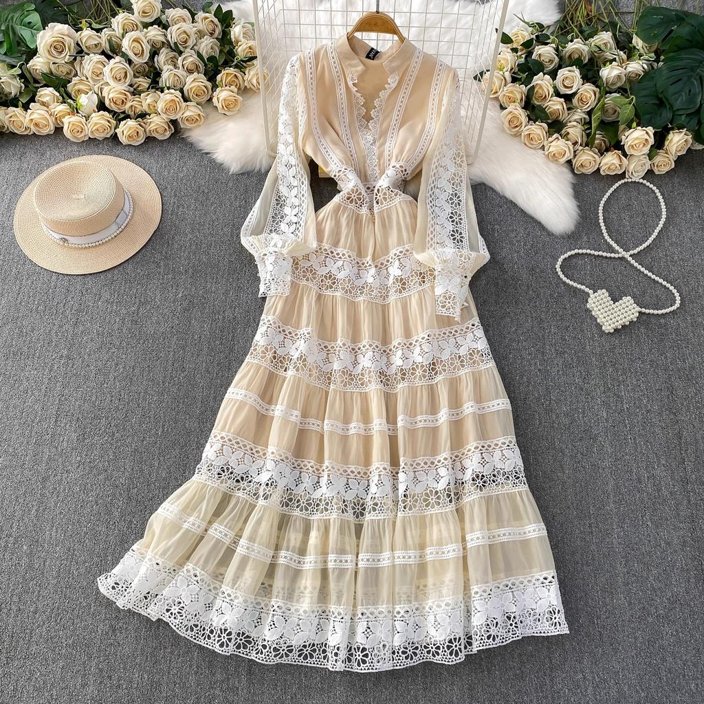 Роскошные Дизайнерские Осенние Вечерние Платья для Выпускного с Ажурной Вышивкой для Женщин, Кружевной Пэчворк, V-образный Вырез, Длинный Рукав-фонарик, Макси-платье