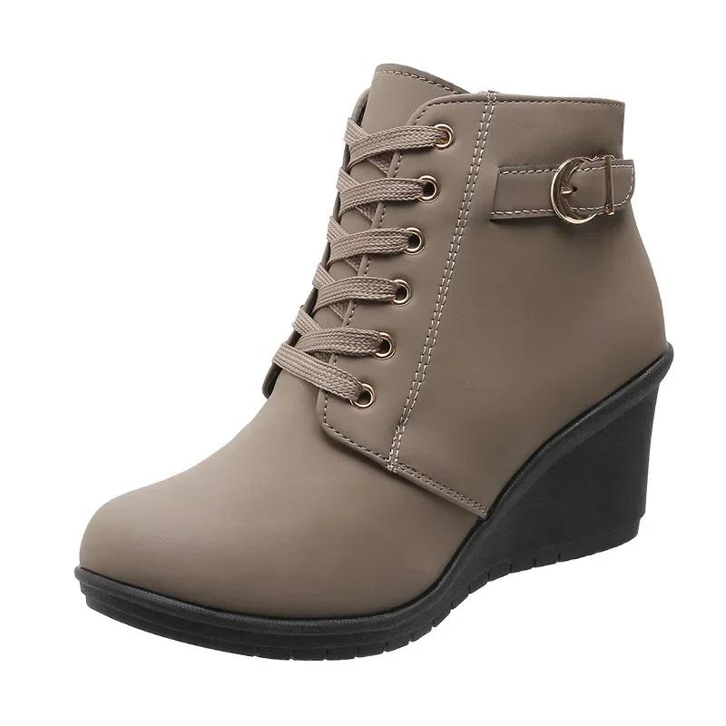 Ботильоны на танкетке в стиле ретро с толстым дном и круглым носком на высоком каблуке, короткие, со шнуровкой, на осень-зиму, теплые, на платформе, в этническом стиле, 2025