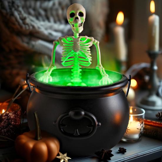 Skeleton Potion Witch Cauldron DIY Magic Floating Potion Bottle with LED Mist Maker And Diffuser Spooky Black Bowl Halloween Decoration for