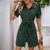 Women's Fashion Summer Spring Solid Color Print Short Sleeve POLO Neck High Waist Casual Dresses