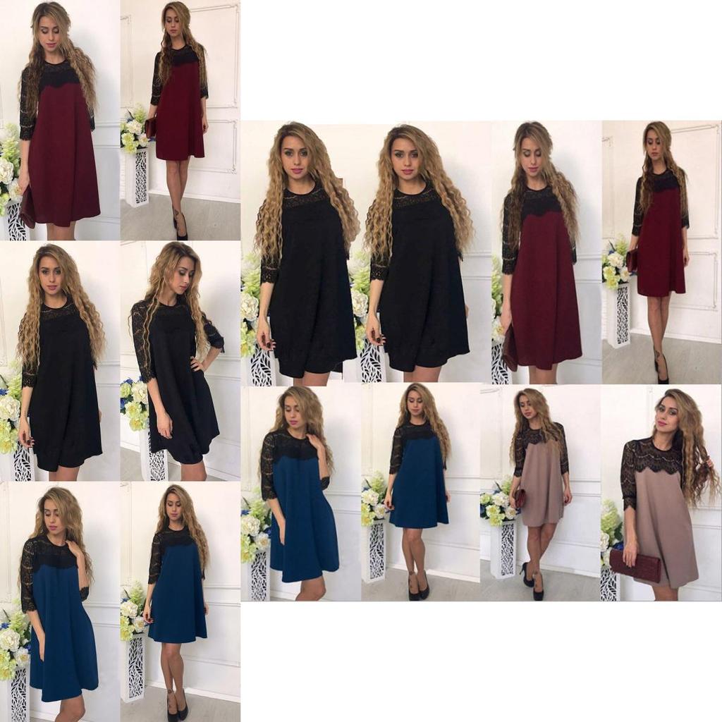 Elegant Women Pure Color Hollow Out Lace Splicing Dress For Stylish Occasions