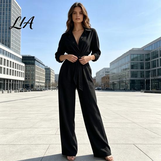 Collared Long Sleeves Jumpsuit Women V Neck Jumpsuit, One Piece Romper with Dressy Casual Fall Outfits Belt, Solid Color Wide Leg Pants Lady